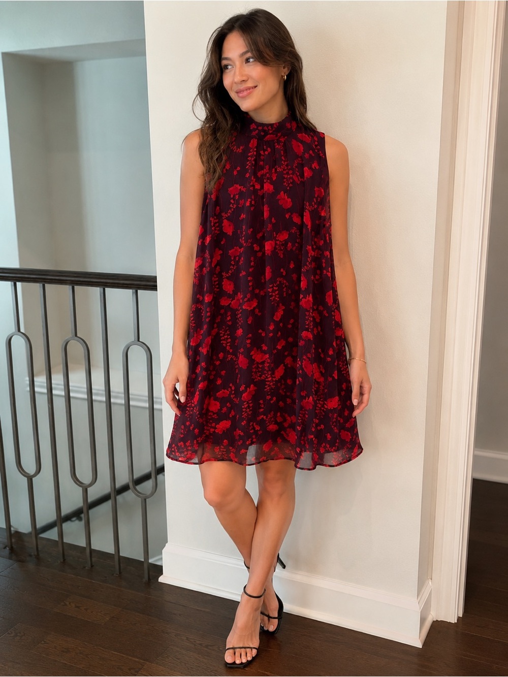 Tommy Hilfiger Burgundy Red Floral Mock Neck Sleeveless Shift Dress Size 6